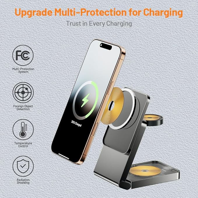 Wireless Charger iPhone Magnetic Charger Station 3 in 1 Charging Station Foldable Magsafe Charger Stand for iPhone 17 16 15 14 13 12 for Apple Watch 10 9 8 7 6 5 4 3 2 SE Ultra for AirPods 4 3 Pro