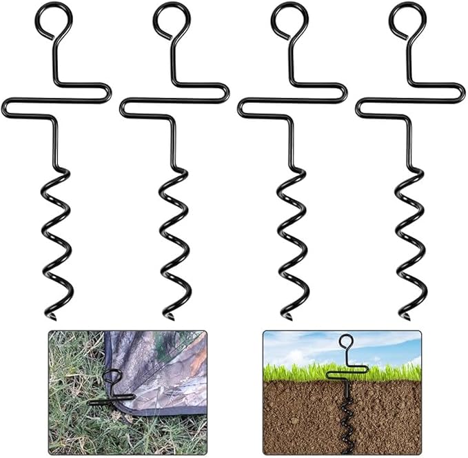 RunNico 4 Pcs Blinds and Tarps Auger Stakes-13 Inch Steel Hunting Blind Stakes-Heavy Duty Forged Steel Tent Stakes for Ground Blinds Tent Camping and Tarps, Black, RN-Hunting-Tent-Stakes-4pcs