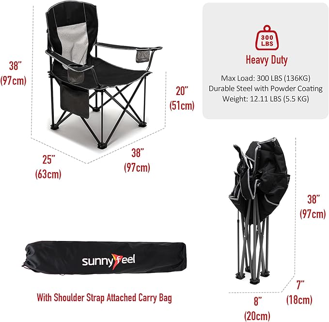 SUNNYFEEL Oversized Folding Camping Chair 2 Pack 500 LBS Heavy Duty Lawn Chairs for Adults Black Portable Folding with Armrest, Cup Holder, Pocket ＆Bag for Outdoor Camping/Beach/Travel/Picnic/Fishing