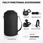 One Gallon Water Bottle Insulated, Triple Walled Vacuum Stainless Steel (Cold for 48 Hrs), Leak Proof & Non-BPA, Large Water Flask Jug with Paracord Handle & Straw Spout Lids