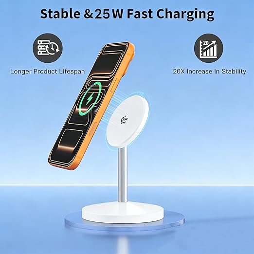Magnetic Wireless Charging iPhone Stand,Qi2.2 Certified 25W Fast Mag-Safe Charging Stand Station Apple Magnet Wireless Charger with Plug for iPhone 17/17 Pro/Air/16/15/14/13/12 Series,AirPods Pro 3/4