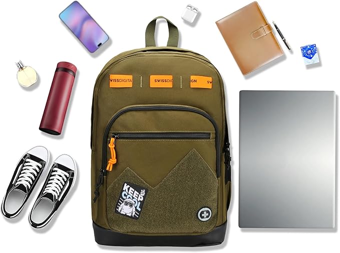 Swissdigital Design Big Student Laptop Backpack with Fun Personalized Patches For College Boy & Girl, Middle High School Teen Bookbag Cool Travel Daypack Olive - Includes 3 Patches | SD1718-26