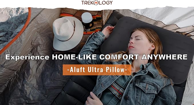 TREKOLOGY Camping Pillow - Large Inflatable (24"x15") for Home-Like Comfort, Portable & Ergonomic, Easy to Clean, Durable & Leak-Proof, Removable Strap for Secure Fit – ALUFT Ultra (Grey)