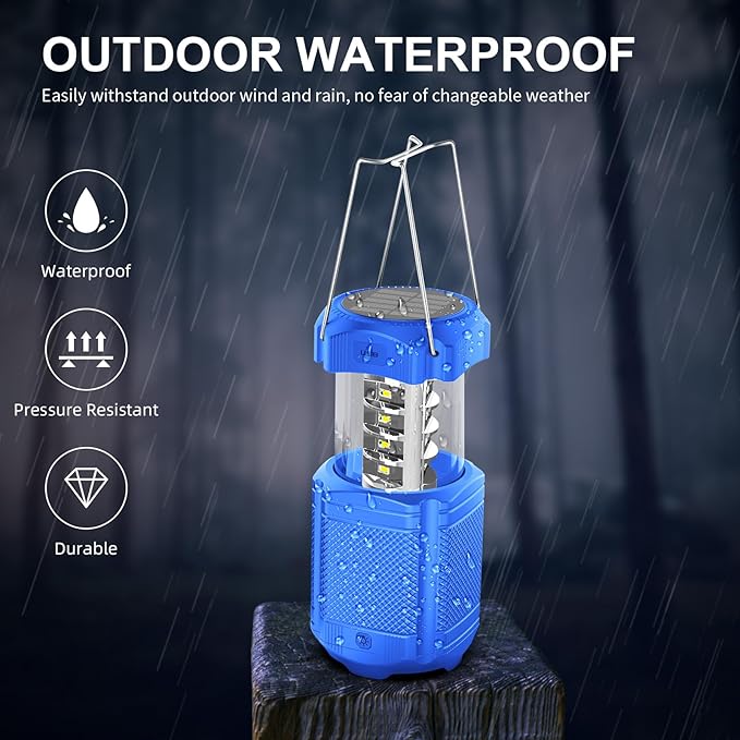 Camping Lantern 5000mAh Solar Hand Crank Telescopic LED Flashlight USB Charger for Power Outages ,Portable Rechargeable Battery Powered Operated Lanterns Lamp, Camping Gear Accessories (Blue)