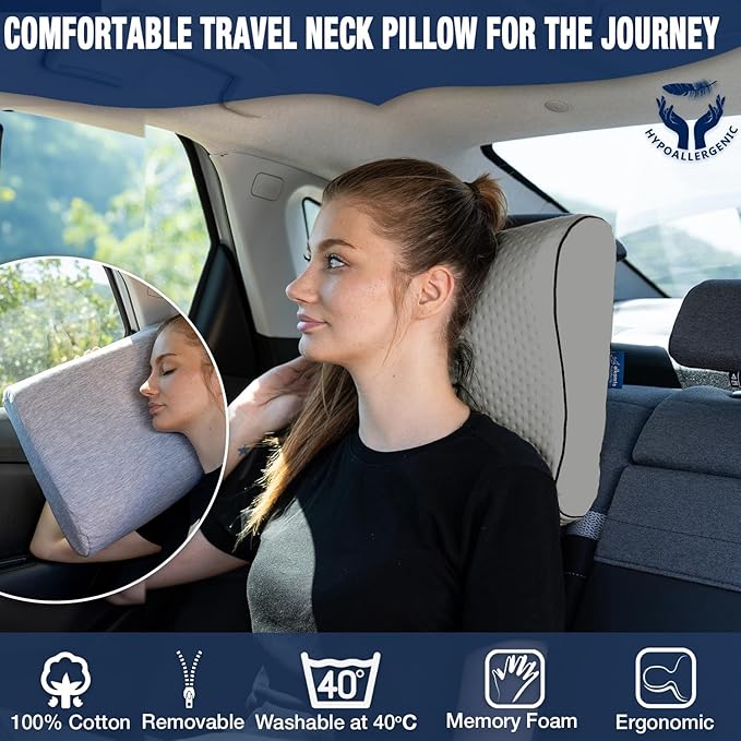 Travel & Camping Comfortable Memory Foam Pillow – Easy to Carry Portable Bag – Temperature Regulating Pillow Case (Grey Contour + Extra Cover)