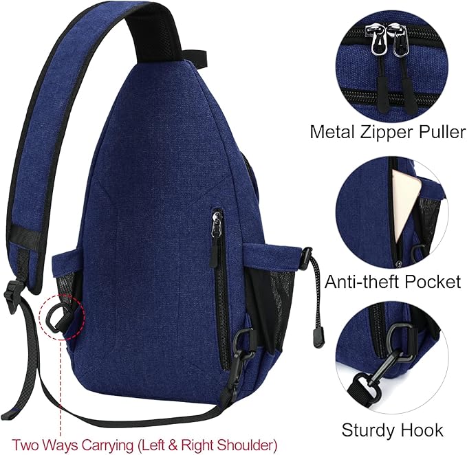 MOSISO Sling Backpack,Canvas Crossbody Hiking Daypack Bag with Anti-theft Pocket, Navy Blue