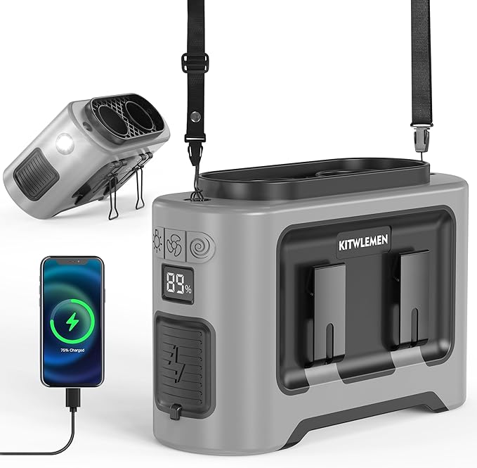 KITWLEMEN 14500mAh Portable Waist Fan - Personal Clip on Belt Fan, Dual Air Outlet, 5 Speed 35H Cooling, Rechargeable Battery Operated, Wearable with Lanyard & Light for Camping, Travel, Jobsite