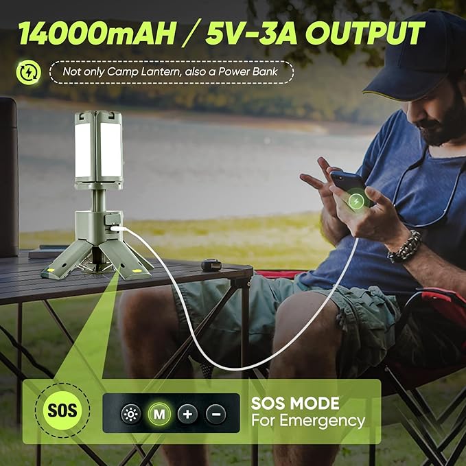 Portable Camping Light, 14000mAh Telescopic Camping Lantern with Rechargeable Power Supply, Dimmable Magnetic Tent Lamps 6000 Lumen Outdoor Work Lights for Hiking,Camping,Home Emergency