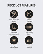 Claymore Handy A (Gray) Portable Handheld Fan - Rechargeable Foldable with Quiet BLDC Motor, USB-C Charging, 180° Adjustable Design, 6 Speed Settings, Personal Fan for Travel, Outdoor & Indoor Use