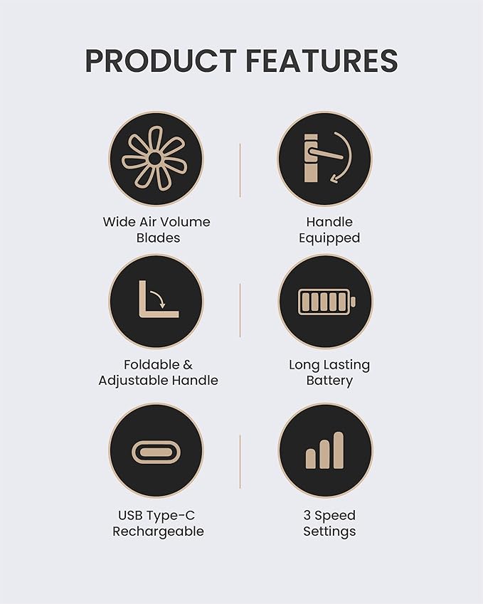 Claymore Handy A (Gray) Portable Handheld Fan - Rechargeable Foldable with Quiet BLDC Motor, USB-C Charging, 180° Adjustable Design, 6 Speed Settings, Personal Fan for Travel, Outdoor & Indoor Use