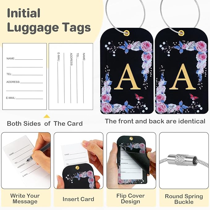 3 Pack Luxury Floral Luggage Tags, Durable PU Leather Suitcase Tags with Stainless Steel Cable Strap, Hidden ID Slot for Privacy Protection, Easy to Identify Waterproof Travel Accessories Gift (A)