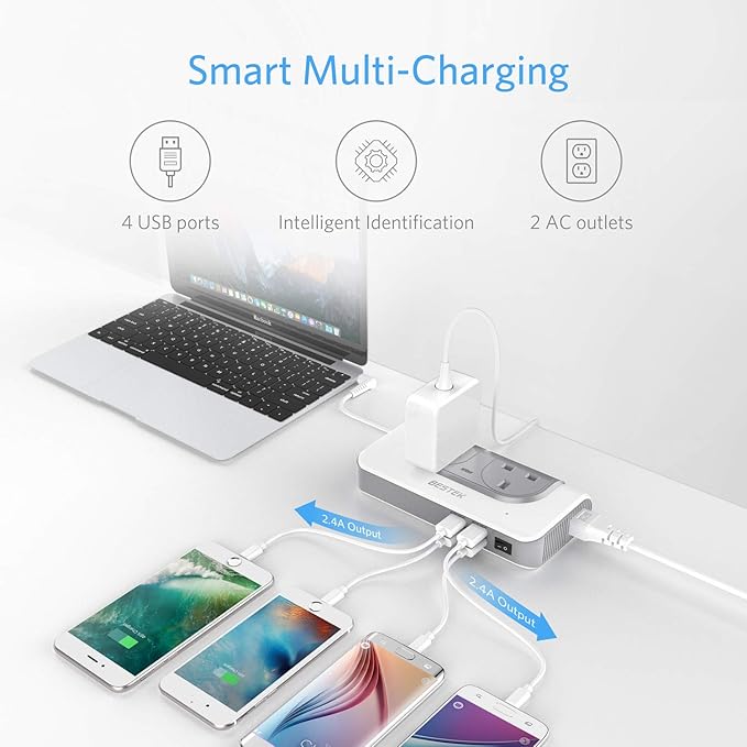BESTEK 200W Voltage Converter 100V to 240V with 4-Port USB Charging All World Contries to US Travel Charger (White)