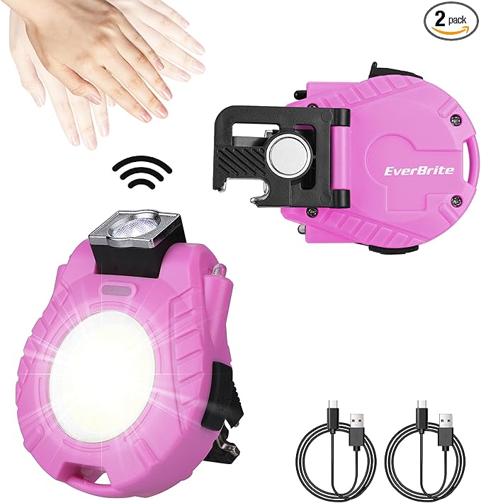 EverBrite 2 Pack COB Keychain Work Light, Mini Rechargeable Magnetic Keychain Light, Sensor Mode, Multifunctional Small Keychain Flashlights, Portable, Waterproof, for Camping, Hiking, 6 Modes, Pink