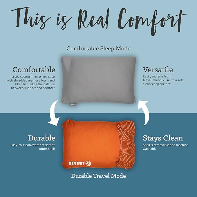 Klymit Drift Camping Pillow, Shredded Memory Foam Travel Pillow with Reversible Cover for Outdoor Use, Green, Regular