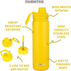32 Oz Water Bottle with Straw Stainless Steel Sports Water Bottle with 3 Lids (Straw, Chug & Flip Lid) 1 Liter Leak Proof Insulated Metal Jug for Men & Women - Yellow