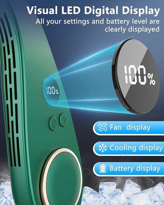 Portable Neck Fan Rechargeable,Neck Air Conditioning Wearable Cooling Device,Wear AC Air Conditioner Flexible Adjustable Angle,5 Speeds No Blade Headphone Design Breezy Hands Free Head Cooler Green