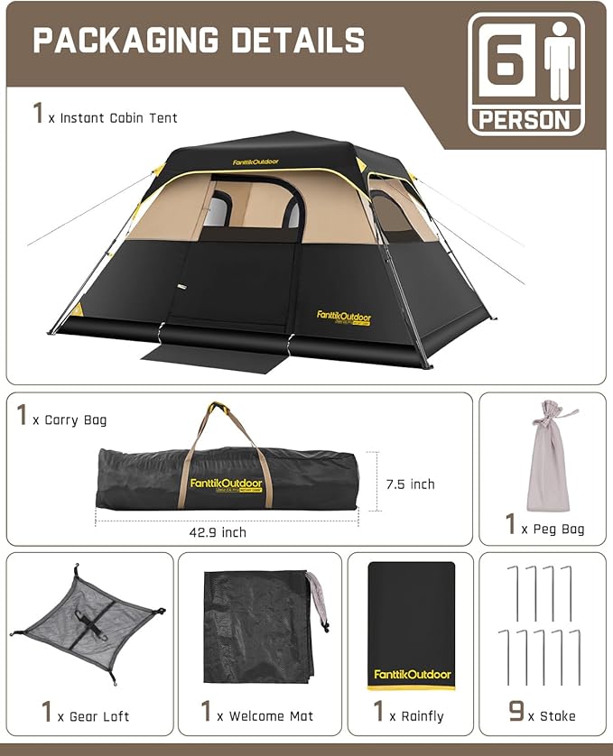 FanttikOutdoor Camping Tent 4/6/8/10 Person Instant Cabin Tent Setup in 60 Seconds with Rainfly & Windproof Portable with Carry Bag for Family Camping & Hiking