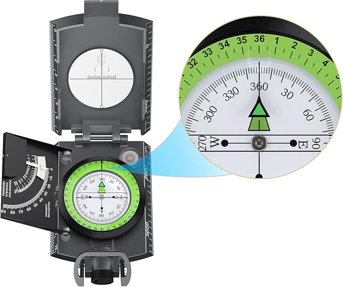 Compass Hiking Survival, IP65 Waterproof Metal Compass with Sighting Clinometer and Carry Bag, Multifunctional, Professional, for Camping Hunting Hiking Navigation