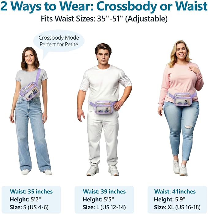 Veckle Clear Fanny Pack Stadium Approved - Plus Size 35-51 Inch Adjustable Strap Transparent Belt Bag for Women Men Fits 7.5" Smartphone, Crossbody Clear Bag for Stadium Events Sports Concerts, Purple