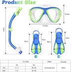 Snorkeling Gear for Kids Ages 5-15, 4 in 1 Mask Fins Snorkel Set with HD Tempered Glass Panoramic View Anti-Fog Mask, Dry Top Snorkel, Adjustable Trek Fins, and Mesh Bag, Kids Snorkel Set for Youth