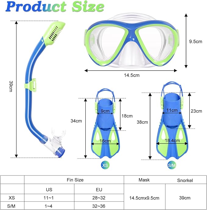 Snorkeling Gear for Kids Ages 5-15, 4 in 1 Mask Fins Snorkel Set with HD Tempered Glass Panoramic View Anti-Fog Mask, Dry Top Snorkel, Adjustable Trek Fins, and Mesh Bag, Kids Snorkel Set for Youth