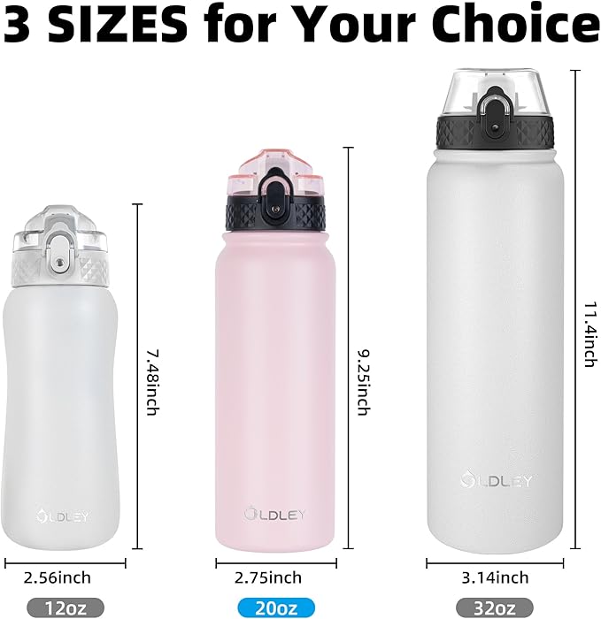 Oldley Insulated Water Bottle 20oz Water Bottles with Straw, Stainless Steel Water Bottle with 3 Lids, Double Wall Vacuum Bottles for Adult Kids, Sports Bottles for School Travel, Pink