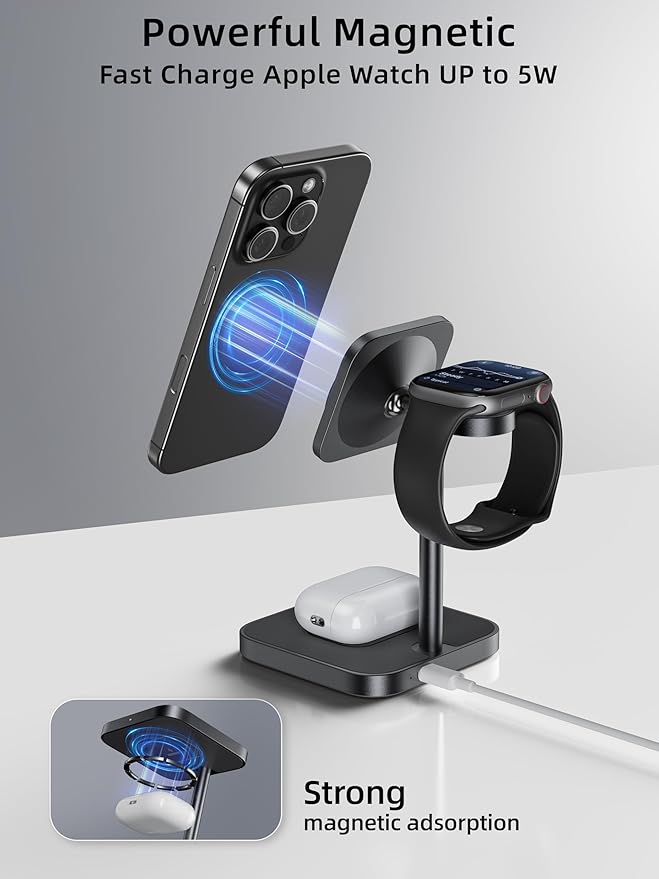[Qi2 Certified ] LULULOOK 3 in 1 Charging Station with MagSafe, 15W QI2 Wireless Charger Stand Magnetic Charger for iPhone 17/16/15/14/13/12 Series, AirPods Pro/3/4, Apple Watch with 30W PD Adapter