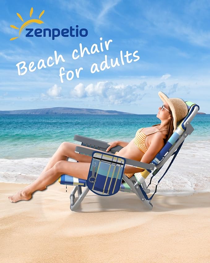 ZENPETIO Beach Chair, Camping Chair for Adults, Reclining Backpack Chair for Pool, Beach, Camping, Outdoors