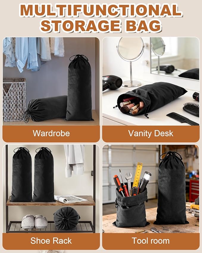2 Pcs Single Shoe Bags for Travel, 17.3"x8.6" Washable Travel Shoe Bags for Packing in Suitcase, Velvet Dust Bag with Drawstring, Shoe Pouch for Women and Men, Travel and Home Storage (Black Beauty)