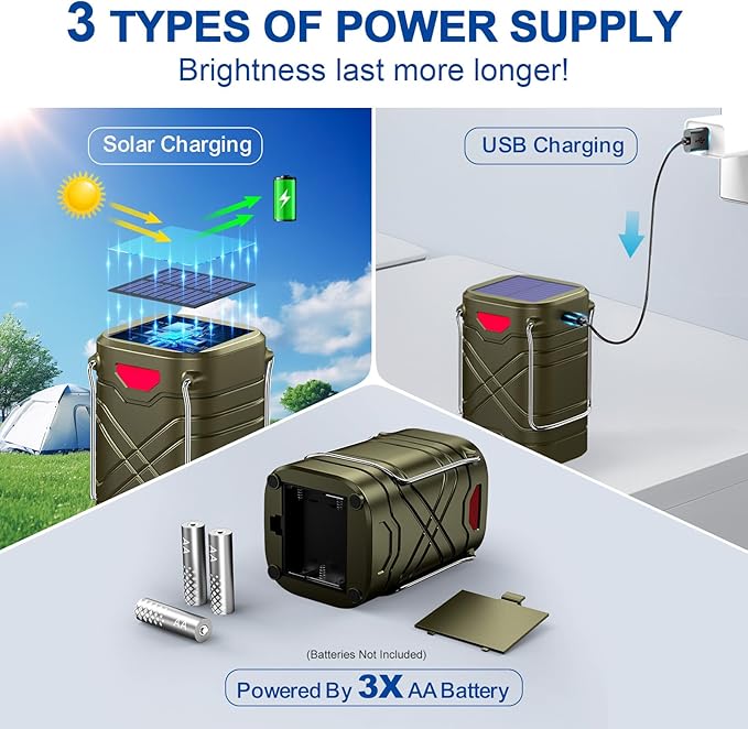 LETMY 4 Pack Camping Lantern, Rechargeable LED Lanterns, Solar Lantern Battery Powered Hurricane Lanterns Flashlight with 3 Powered Ways & USB Cable for Emergency, Power Outage, Hurricane Supplies