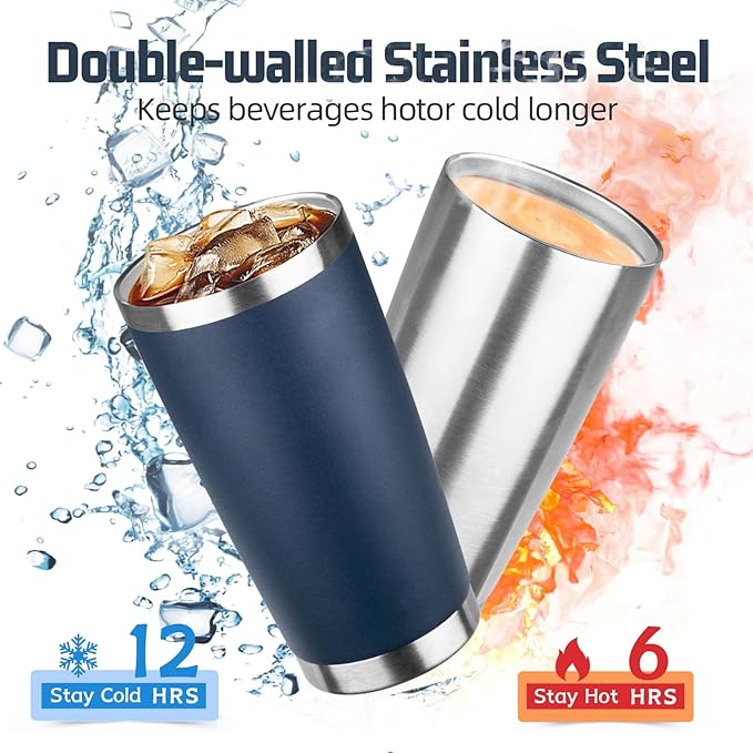 20 oz Tumbler with Lids and Straws, Stainless Steel Insulated Travel Coffee Mug, Double Wall Vacuum Insulated Tumblers, Powder Coated Coffee Tumbler for Cold & Hot Drinks (Navy Blue)