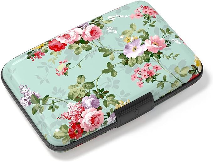 Credit Card Holder, Mini Aluminum Card Wallet RFID Blocking Slim Metal Hard Card Case for Women Men, Green Flowers