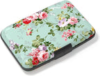 Credit Card Holder, Mini Aluminum Card Wallet RFID Blocking Slim Metal Hard Card Case for Women Men, Green Flowers