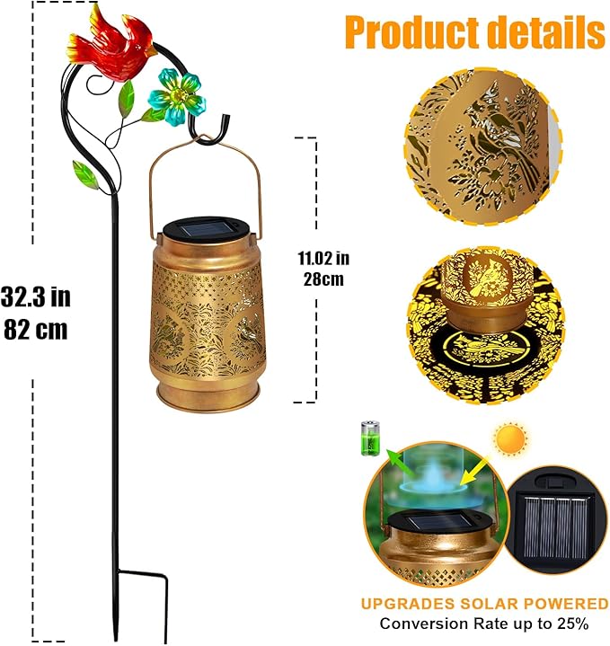2 Pack Solar Lanterns Outdoor Waterproof,Hanging Metal Cardinal Garden Decor for Outside,Patio,Landscape,Walkway, Mothers Day Gifts for Women Mom Grandma