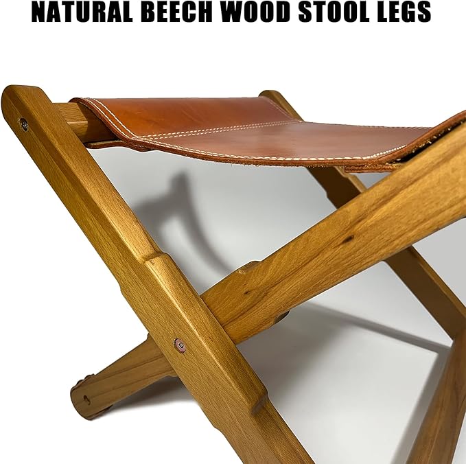 Foldable Leather Stool, Portable Beech Wood Artist Folding Stool, Italian Top Vegetable Tanned Leather Seat, Home Fashion Genuine Leathers Director’s Stools for Home Outdoor Camping Fishing