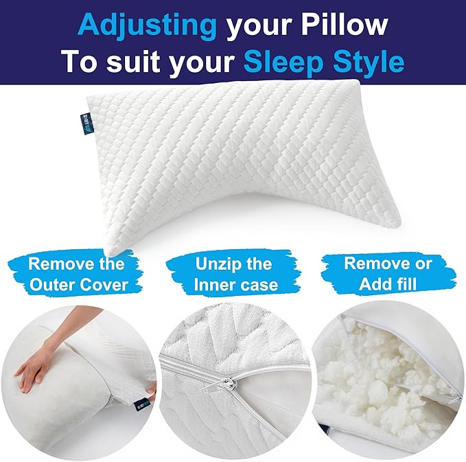 Sidney Sleep Bed Pillow for Side and Back Sleepers - Adjustable Filling - Memory Foam Pillow for Neck and Shoulder Pain - Customizable Loft - King Size - Additional Foam Bag Included (White)