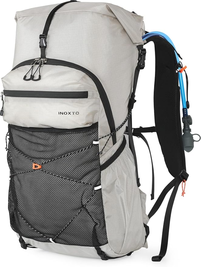 Hiking Backpack for Men and Women, 30L Waterproof Camping Backpack with 3L Water Bladder and Rain Cover, Lightweight Outdoor Sport Travel Daypack Rucksack for Climbing Cycling (Light gray)