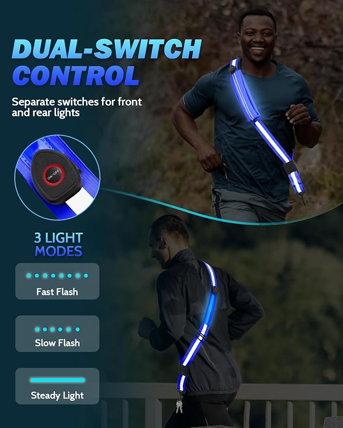 LED Reflective Belt Sash - 5 Lights Colors & 3 Light Modes High Visibility Night Safety Belt, Rechargeable Light Up Running Gear Adjustable Vest Straps for Runners Walkers Men Women