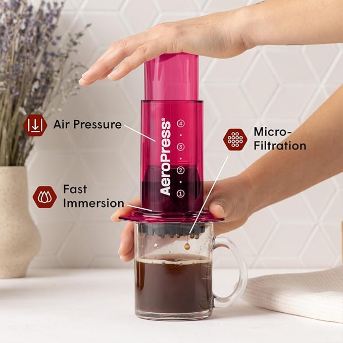 AeroPress Clear Pink Coffee Press - All-in-One French Press, Pour-Over & Espresso Style Manual Brewer, 2 Min Brew for Less Bitterness, More Flavor, Small Portable Coffee Maker, Travel & Camping