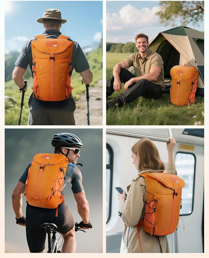 Blue Quartz Hiking Backpack 30L Lightweight Packable Backpack for Travel, Water Resistant Foldable Daypack for Women Men, Orange