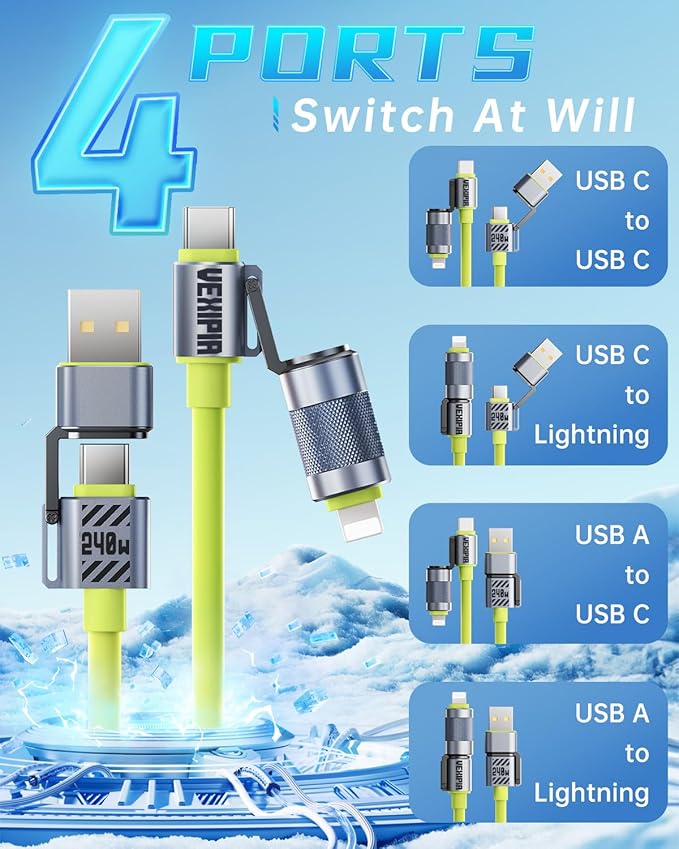 4 in 1 Multi USB C Cable 240W Fast Charging & Data Transfer, Thicker Silicone Multiple Charger Cord for iPhone iPad Charger Wire Combo with L/Type C/USB A for iPhone 16/15/Macbook, 5FT (Green)