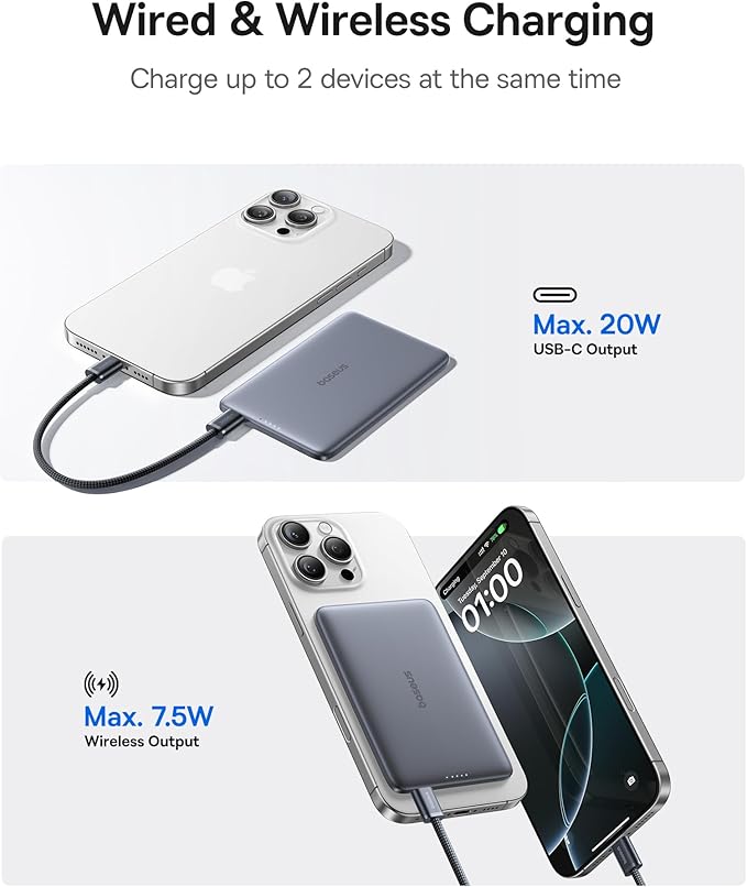 Baseus 0.3" Ultra Slim 5000mAh MagSafe Portable Charger & 45W Power Bank Built-in USB C Cable