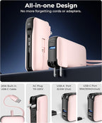 1 Pack Portable Charger with Built-in USB-C Cable & Plug, 10,000mAh 5V/4.5A Power Bank Fast Charging 22.5W, Travel Essential Battery Pack 3 Output for iPhone 16/15 Series, Samsung Galaxy, iPad