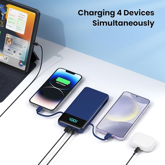 Portable Charger 13800mAh for iPhone with Built-in Cables & AC Wall Plug,5-in-1 USB-C Power Bank,LCD Display External Battery Pack Phone Charger Compatible with iPhone 16/15/14,Android (Dark Blue)