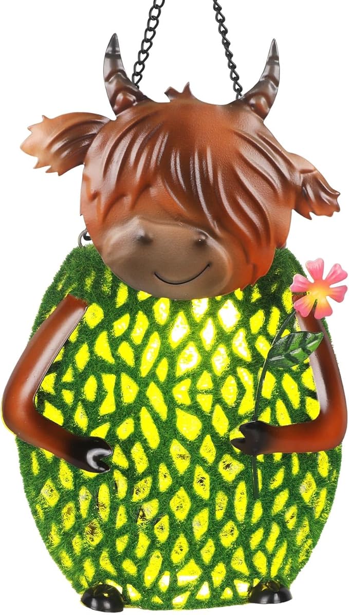 Solar Garden Decor with LED Lights and Hook for Outside Hanging Rural Highland Cattle Solar Lanterns Outdoor Waterproof Hanging