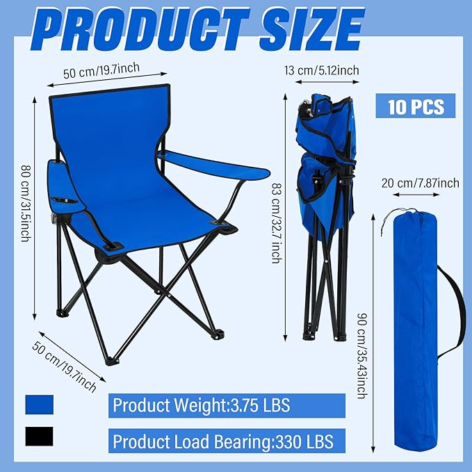 Huwena 10 Pack Folding Camping Chairs Bulk with Cupholder Carry Bags Lightweight Camp Chairs Collapsible Portable Outdoor Lawn Chair for Picnic, Beach, Outside