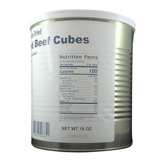 Military Surplus Freeze-Dried Top Round Beef Cubes – 16 oz, Uncooked – #10 Can – Long-Term Emergency Survival Food, Hunting, Camping, Backpacking & Prepper Supply – 25+ Year Shelf Life – Made in USA – Easy to Prepare