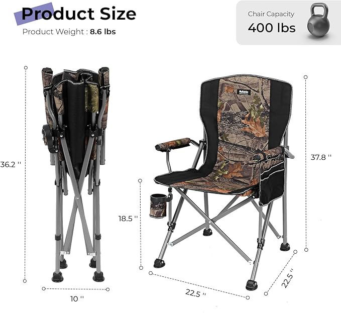 Camping Folding Chair, Heavy Duty Steel Frame Support 400 LBS with Side Pocket and Cup Holder, Portable for Camping, Fishing, Picnic,Camouflage