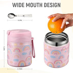 17oz Soup Thermo for Hot Food Kids Insulated Vacuum Food Jar with Stainless Steel Spoon Wide Mouth Thermo Leakproof Lunch Food Container Kids Hot Lunch Box (Pink-Rainbow)