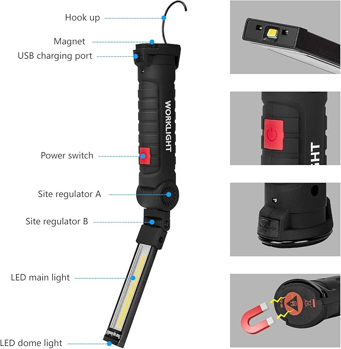 Gifts for Men 4Pack LED Flashlight, Rechargeable Work Lights with Magnetic Base Hook 360°Rotate and 5 Modes Bright LED Flashlight Inspection Light for Car Repair, Grill and Outdoor Use